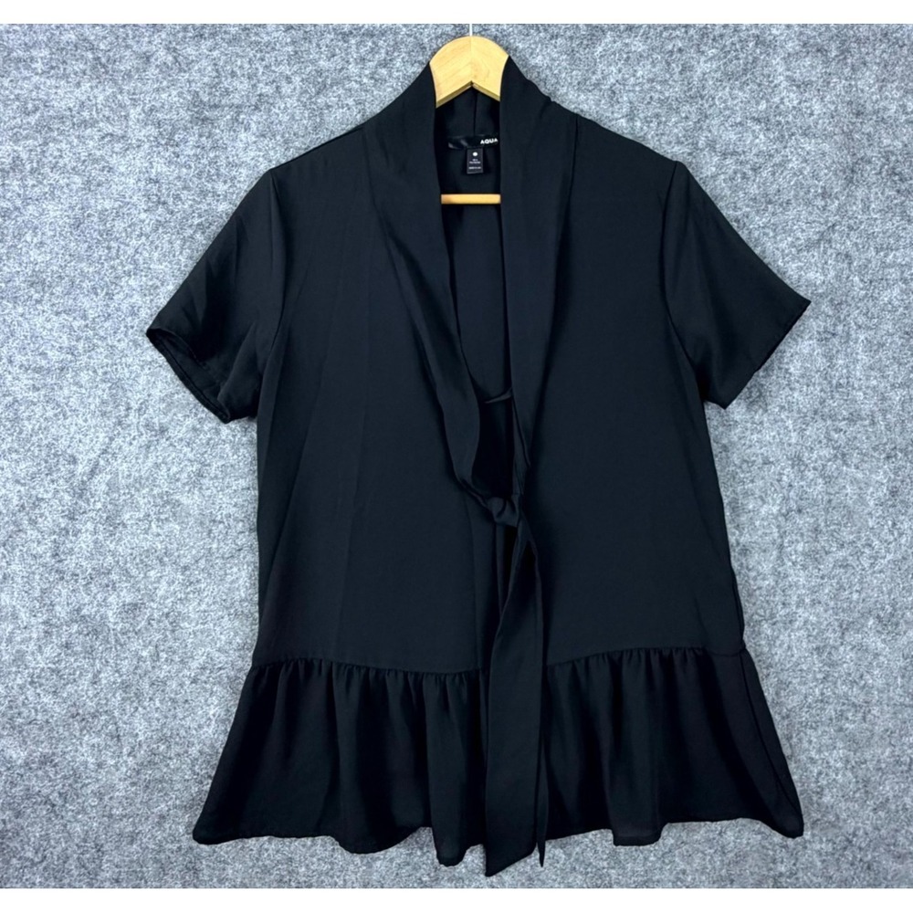 Aqua Blouse Top Womens Large Black Tie Front Peplum Hem Short Sleeve Summer Wear